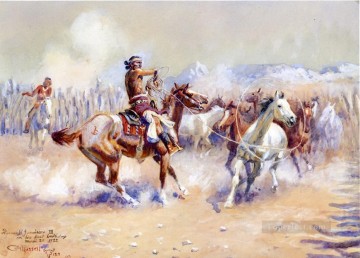 Indios americanos Painting - Cazadores de caballos salvajes navajos 1911 Charles Marion Russell Indios Americanos